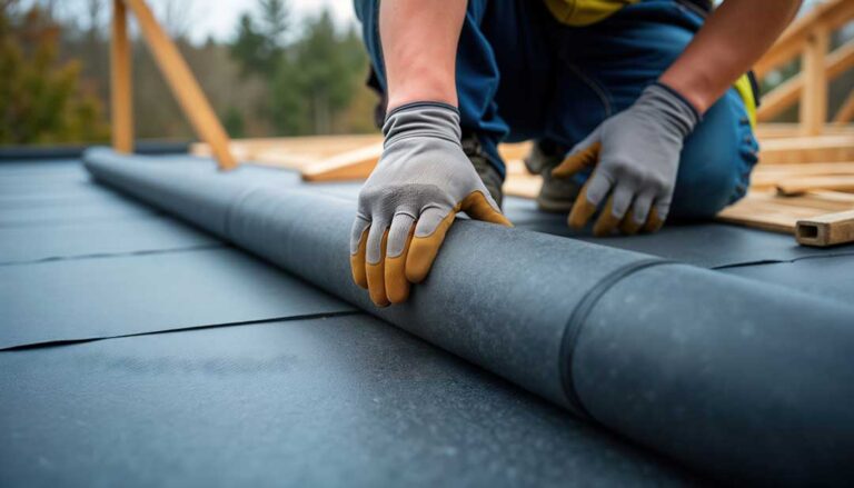 A person in an attic insulating the roof above with fiberglass batts on a rainy day.