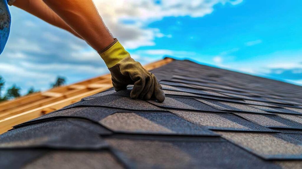 A homeowner examines roof shingles and gutters from the ground beside a seasonal residential home.