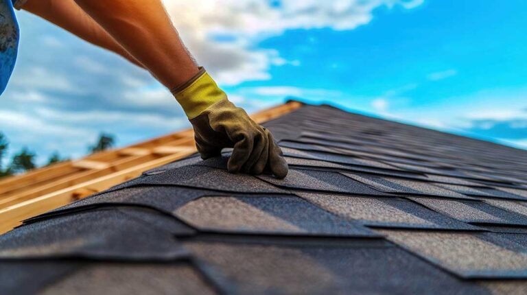 A homeowner examines roof shingles and gutters from the ground beside a seasonal residential home.