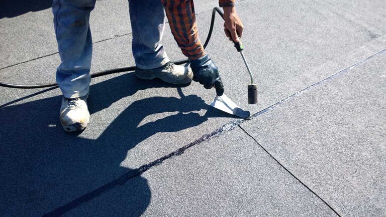 Homeowner inspecting a roof from a secured ladder on a dry day with safety gear and tools nearby.
